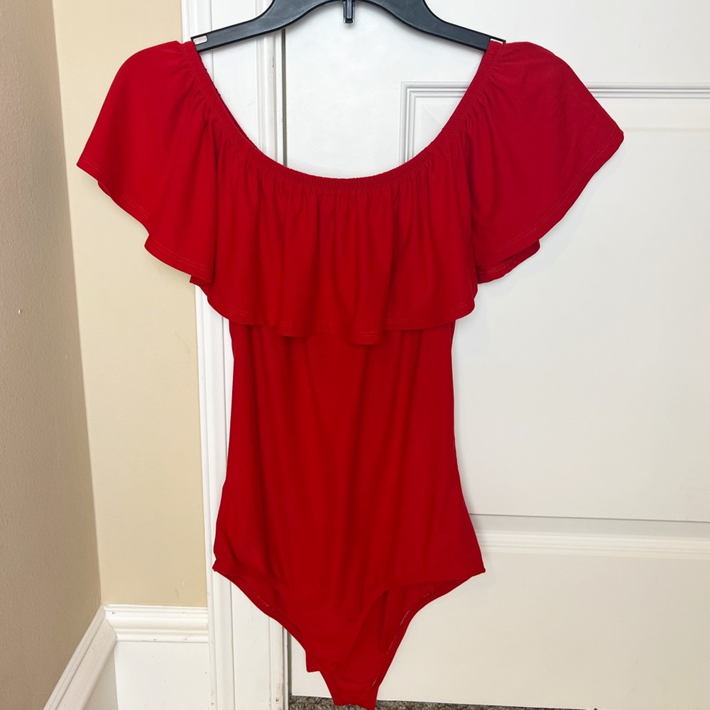 red off the shoulder bodysuit